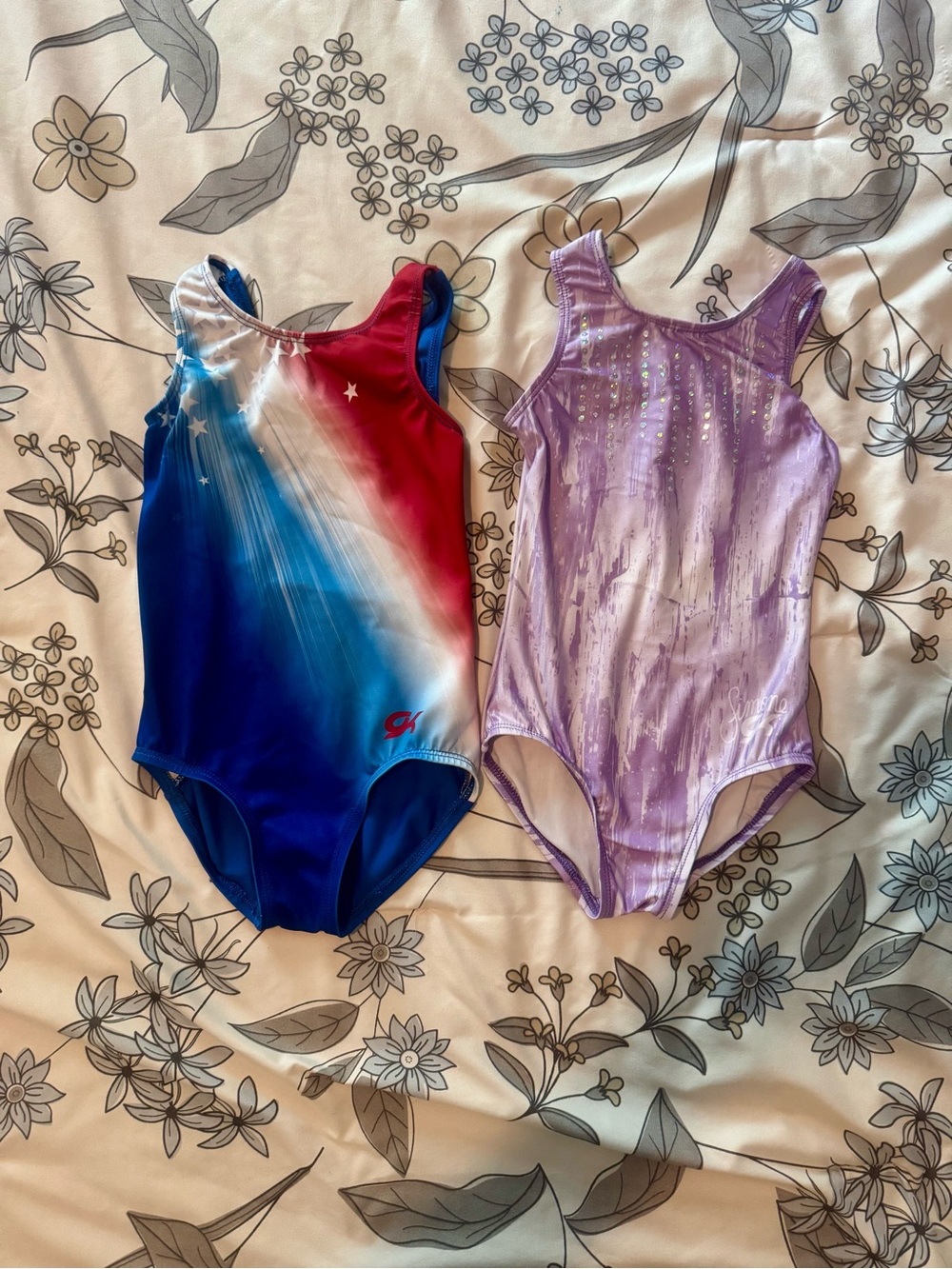 GK Blue-Red Gradient Leotard & Lavender Sparkle Leotard